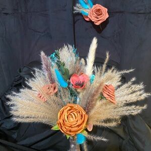 Teal and Burnt Orange fall BoHo theme with matching Boutonnière